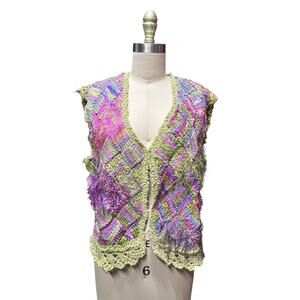 Hand Knit Green Purple Metallic Sweater Vest Boho Artsy Fairy Art to Wear OOAK